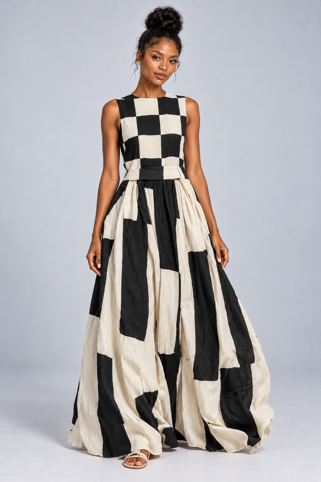 Black and Cream Geometric Maxi Dress