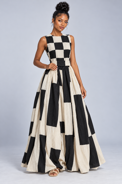 Black and Cream Geometric Maxi Dress