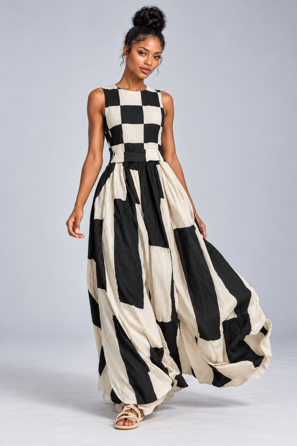 Black and Cream Geometric Maxi Dress