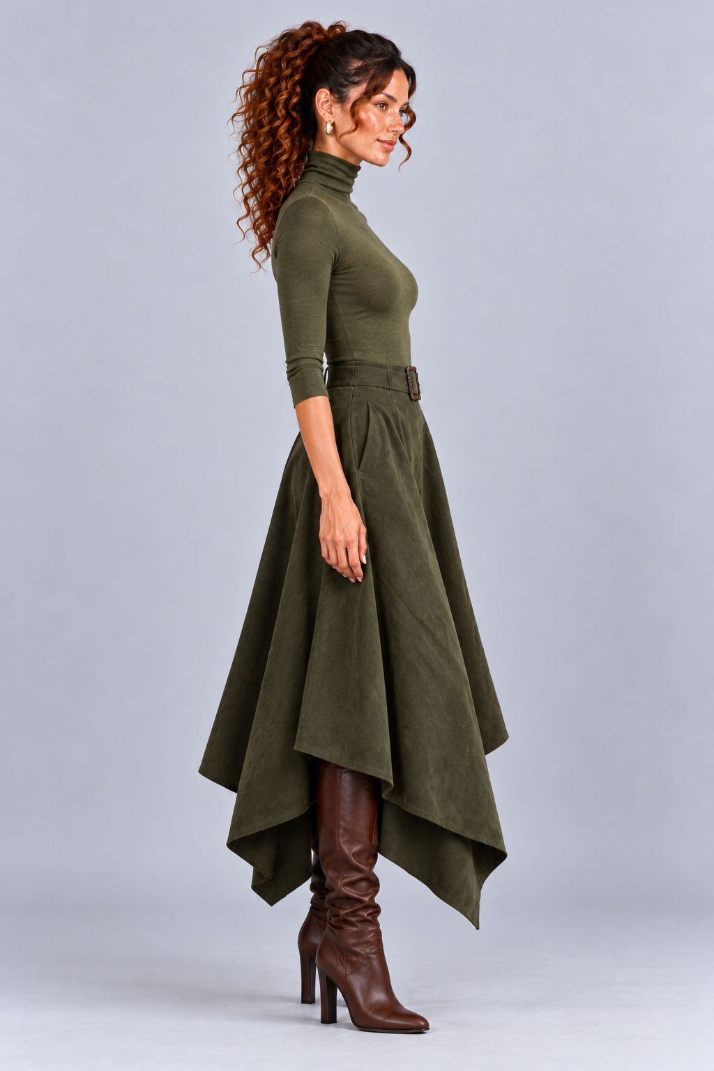 Olive Turtleneck Handkerchief Midi Dress