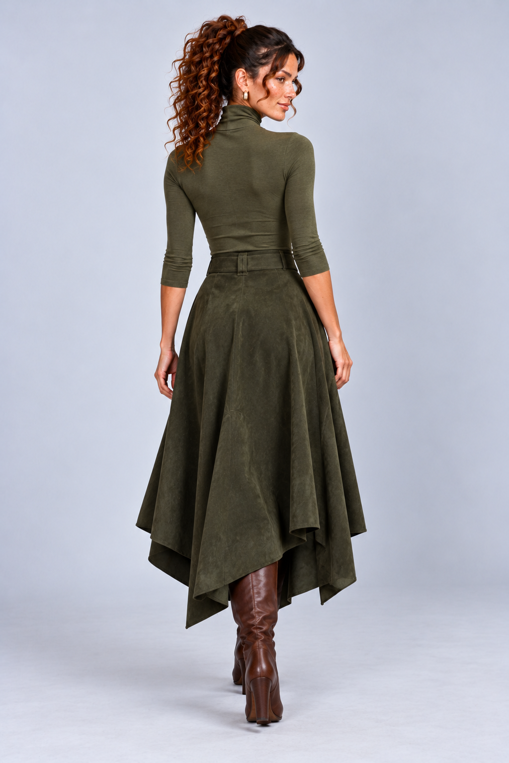 Olive Turtleneck Handkerchief Midi Dress