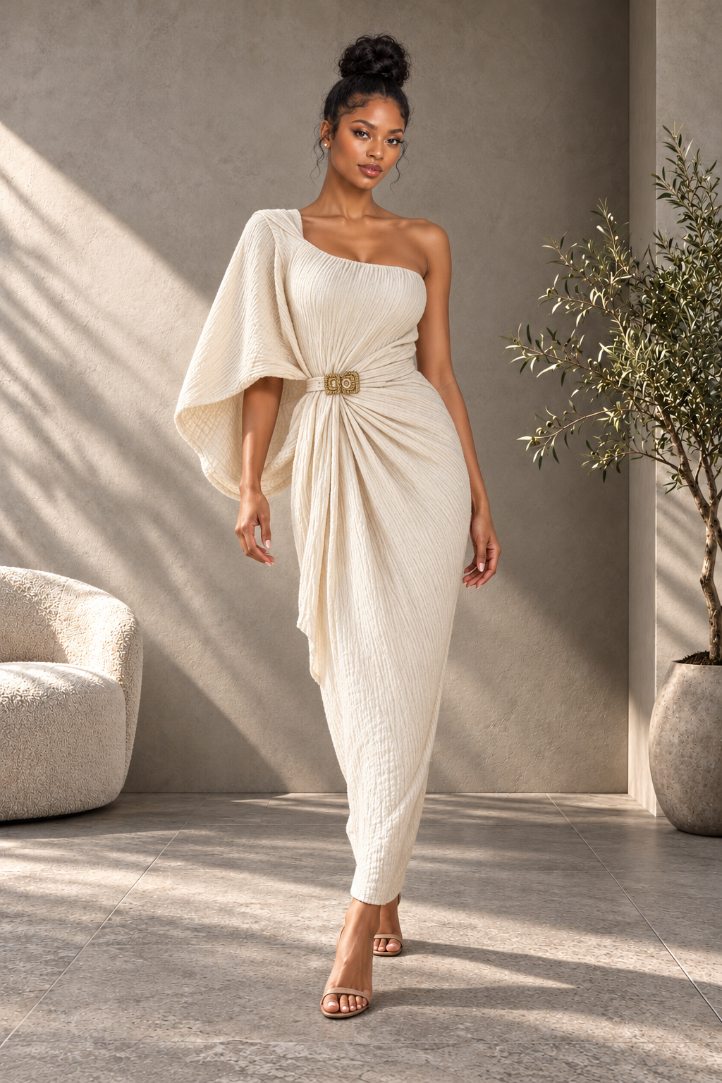 Ivory One Shoulder Cape Midi Dress