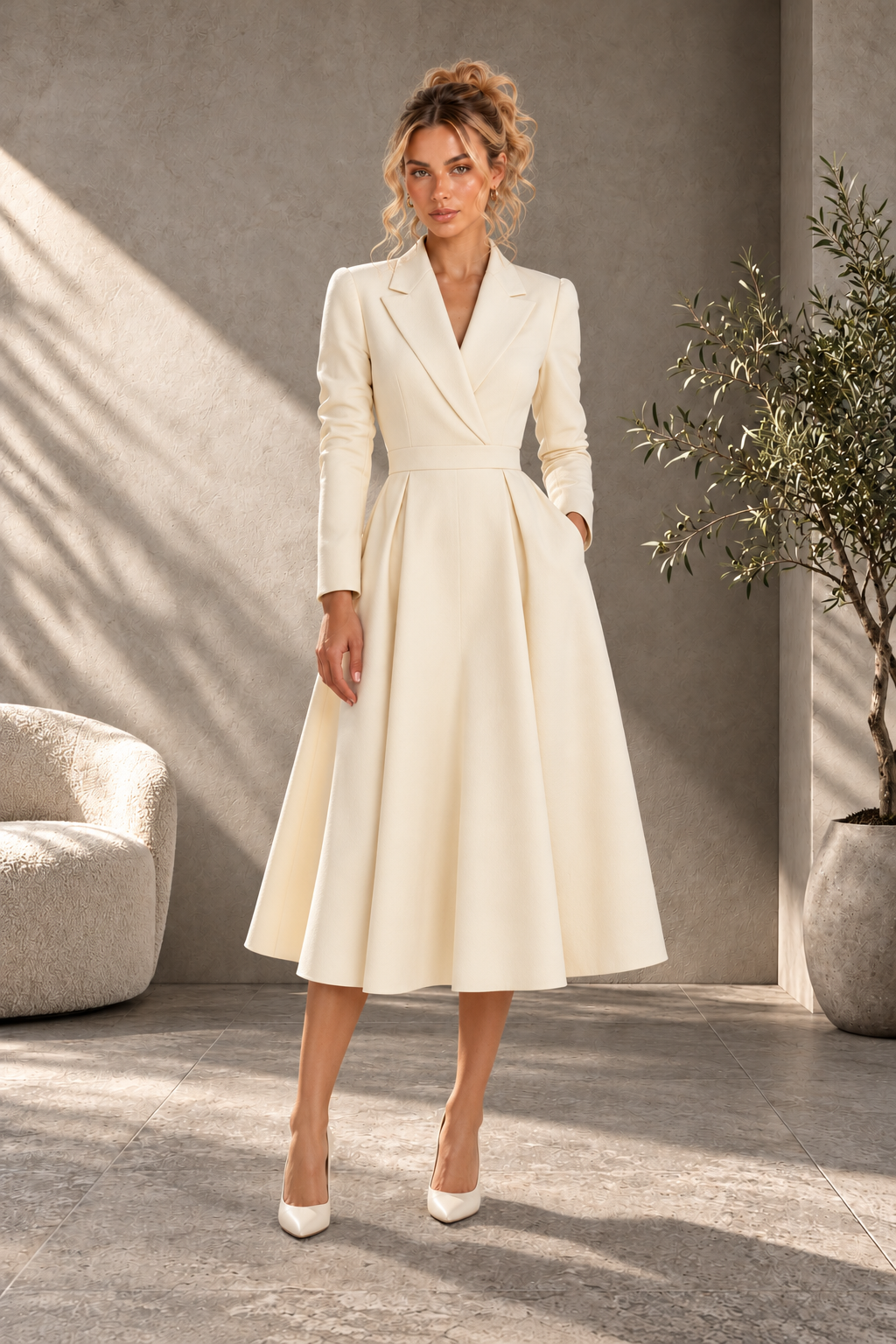 Ivory Tailored A-Line Midi Dress