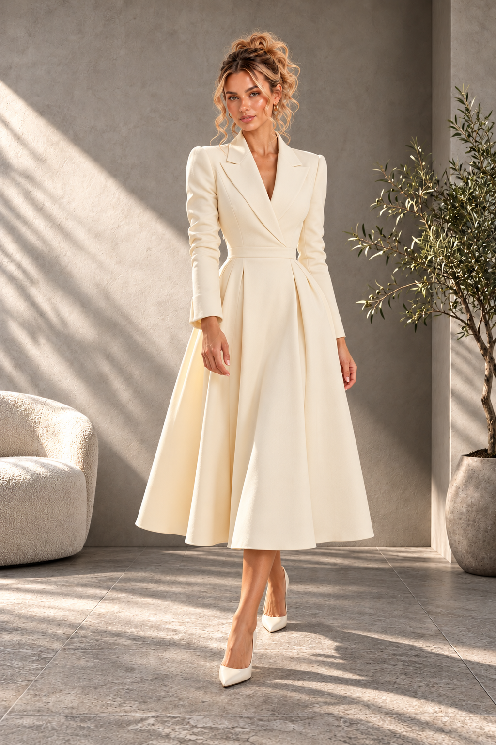 Ivory Tailored A-Line Midi Dress