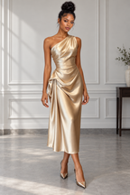 Champagne One Shoulder Draped Maxi Dress
