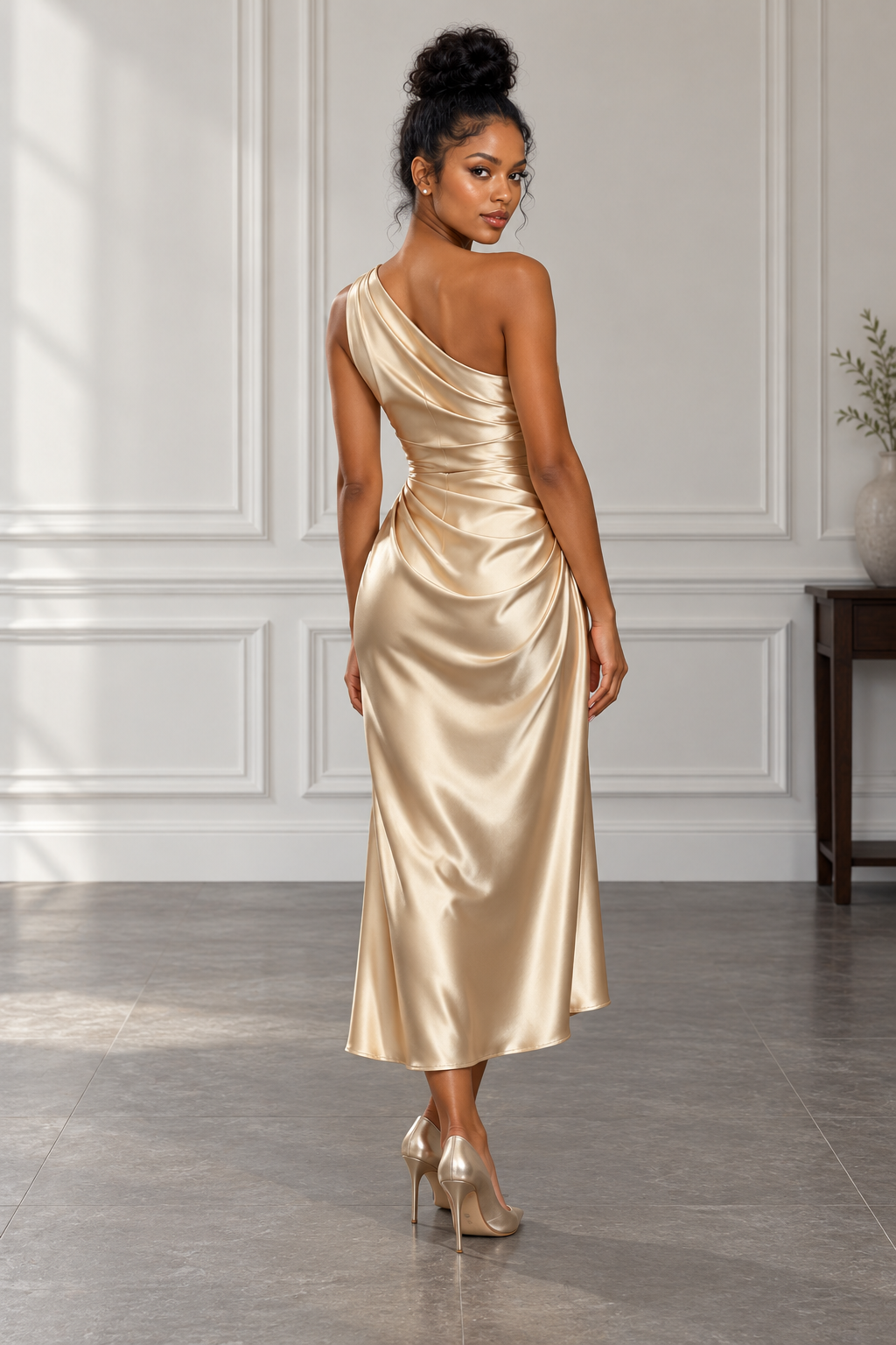 Champagne One Shoulder Draped Maxi Dress
