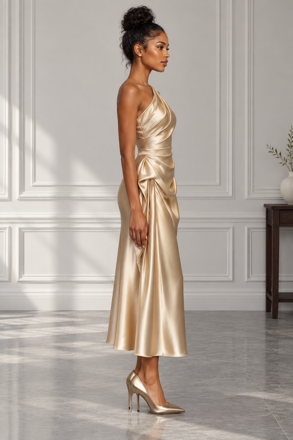 Champagne One Shoulder Draped Maxi Dress