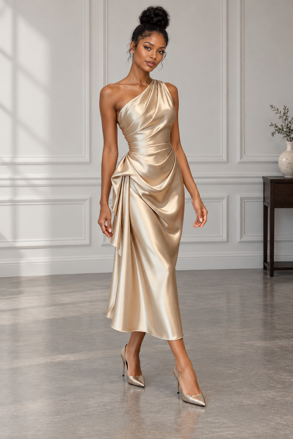 Champagne One Shoulder Draped Maxi Dress