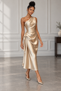 Champagne One Shoulder Draped Maxi Dress