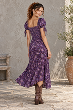 Purple Floral Puff Sleeve Midi Dress