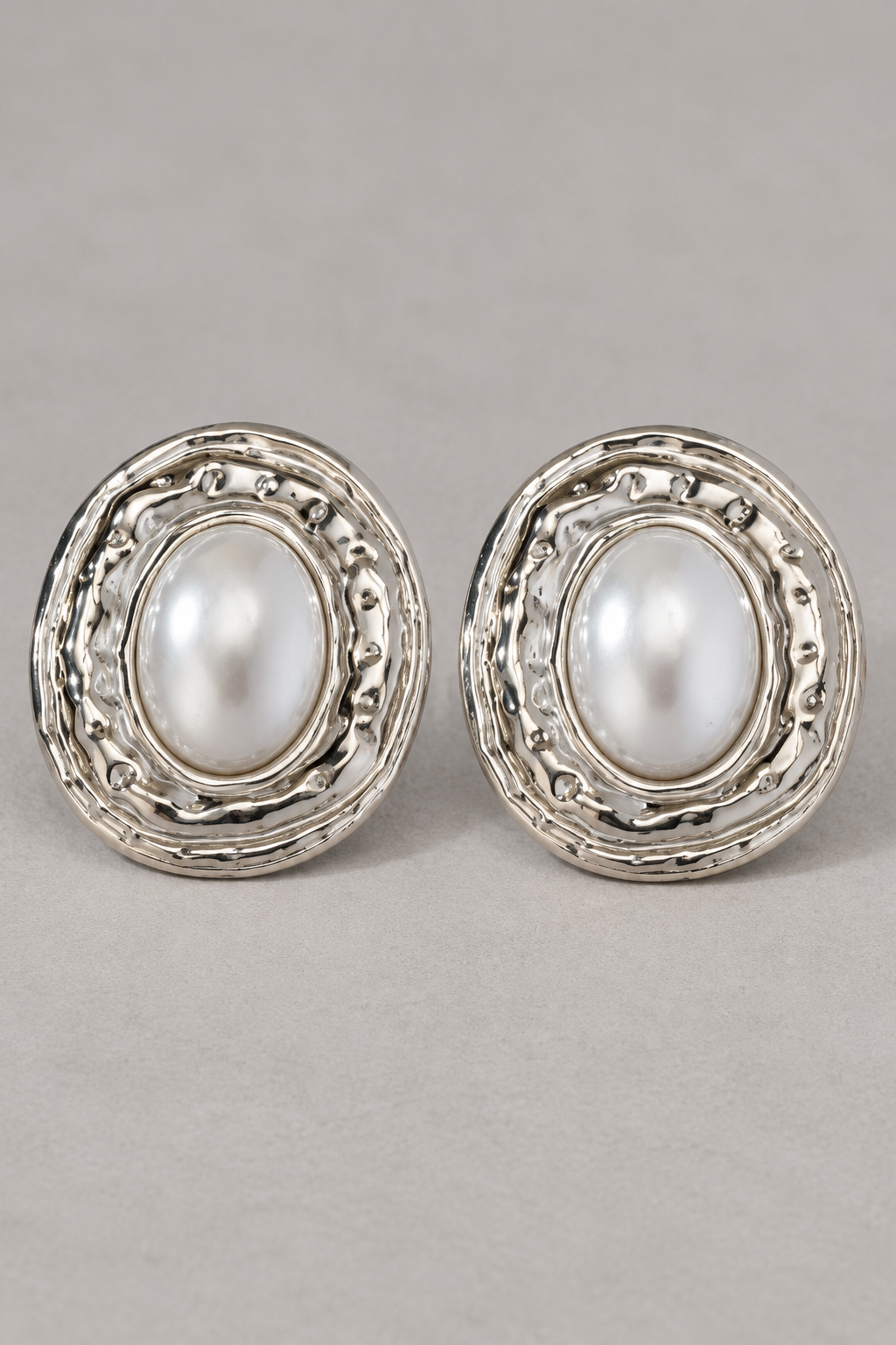 Silver and White Oval Pearl Effect Statement Earrings