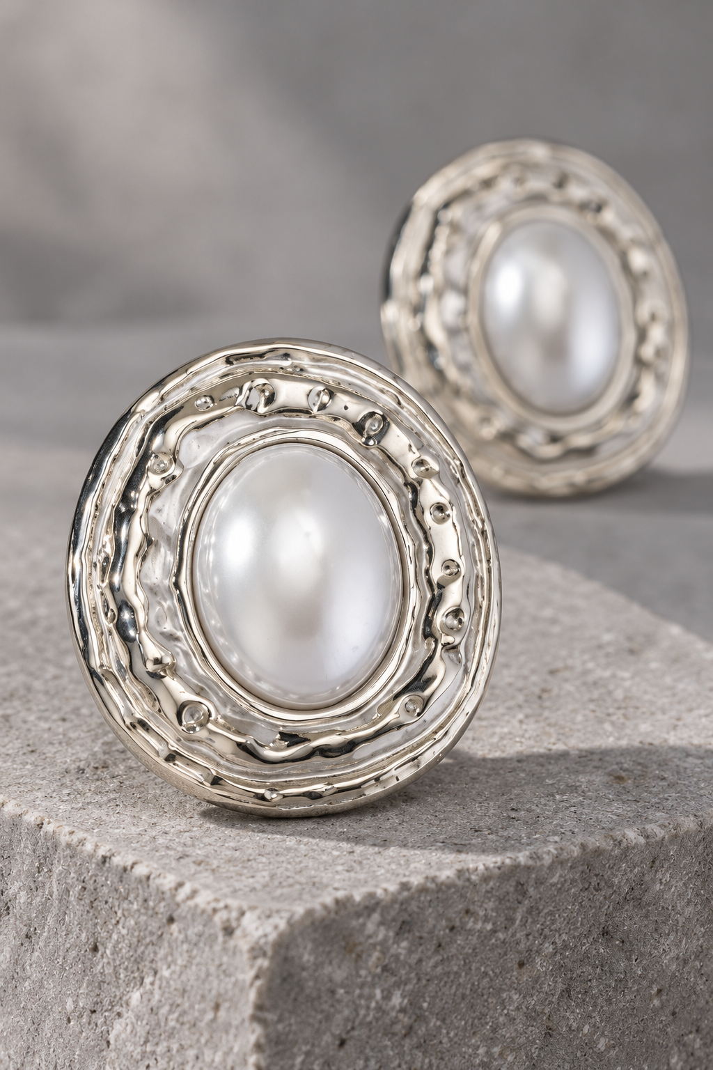 Silver and White Oval Pearl Effect Statement Earrings