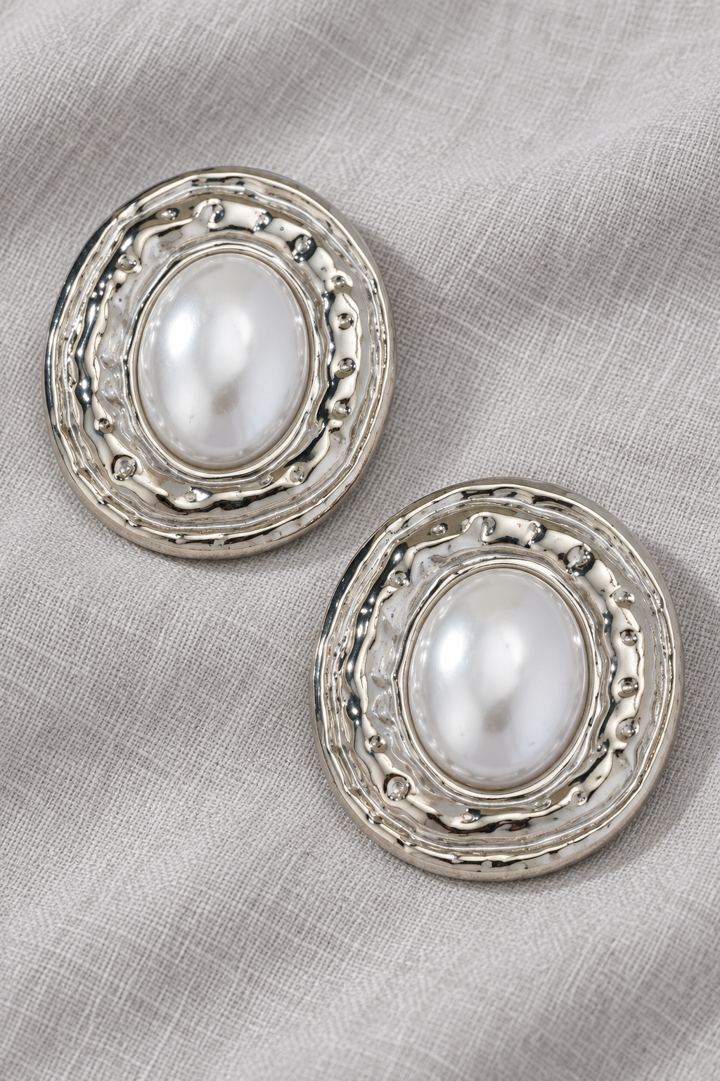 Silver and White Oval Pearl Effect Statement Earrings