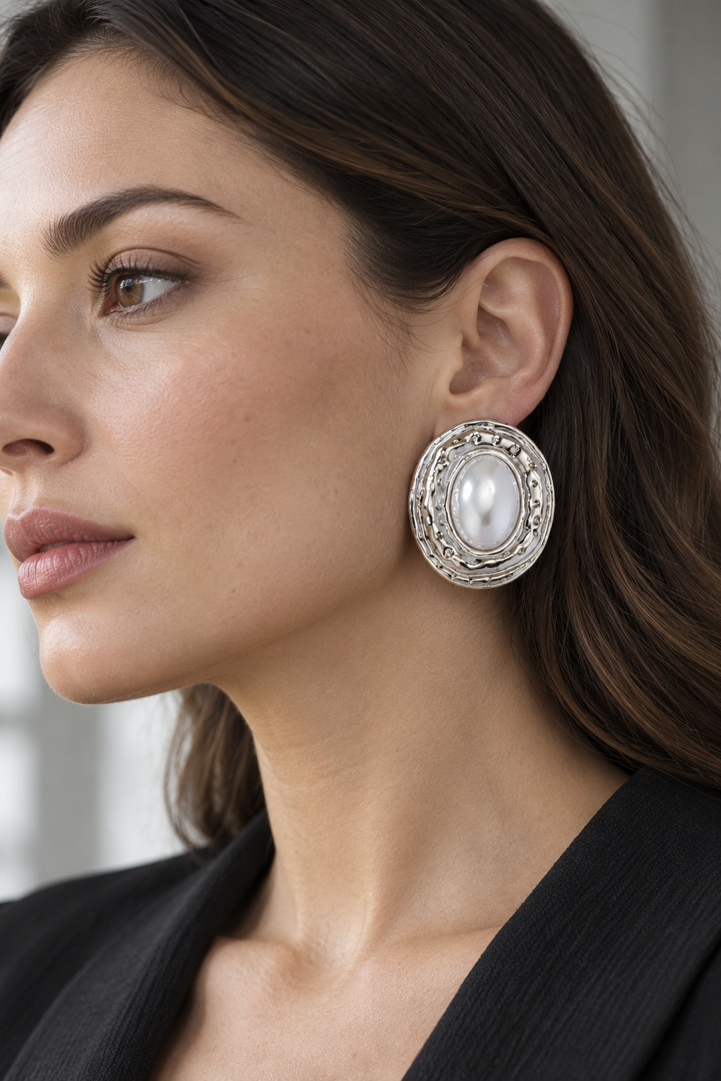 Silver and White Oval Pearl Effect Statement Earrings