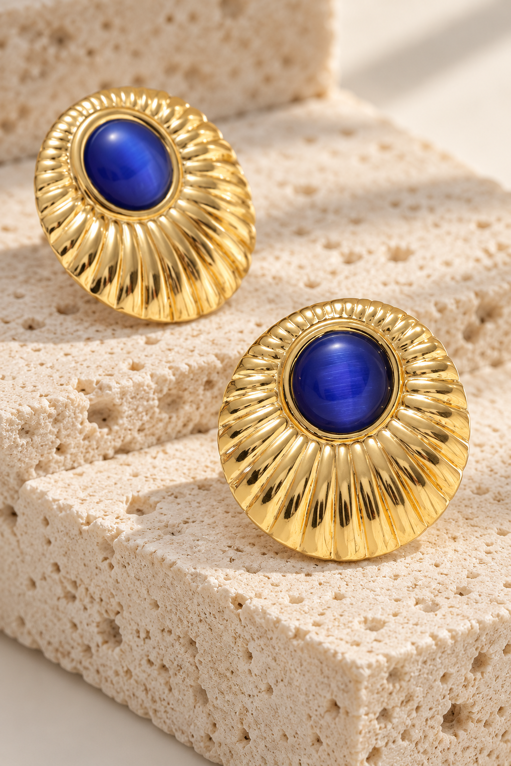 Gold and Blue Sunburst Statement Earrings