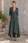 Green Plaid High Low Shirt Dress