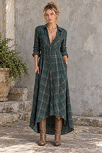 Green Plaid High Low Shirt Dress