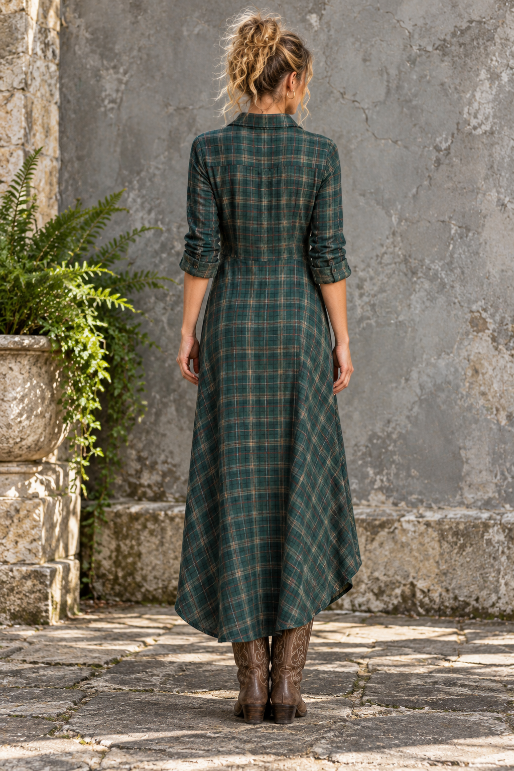 Green Plaid High Low Shirt Dress