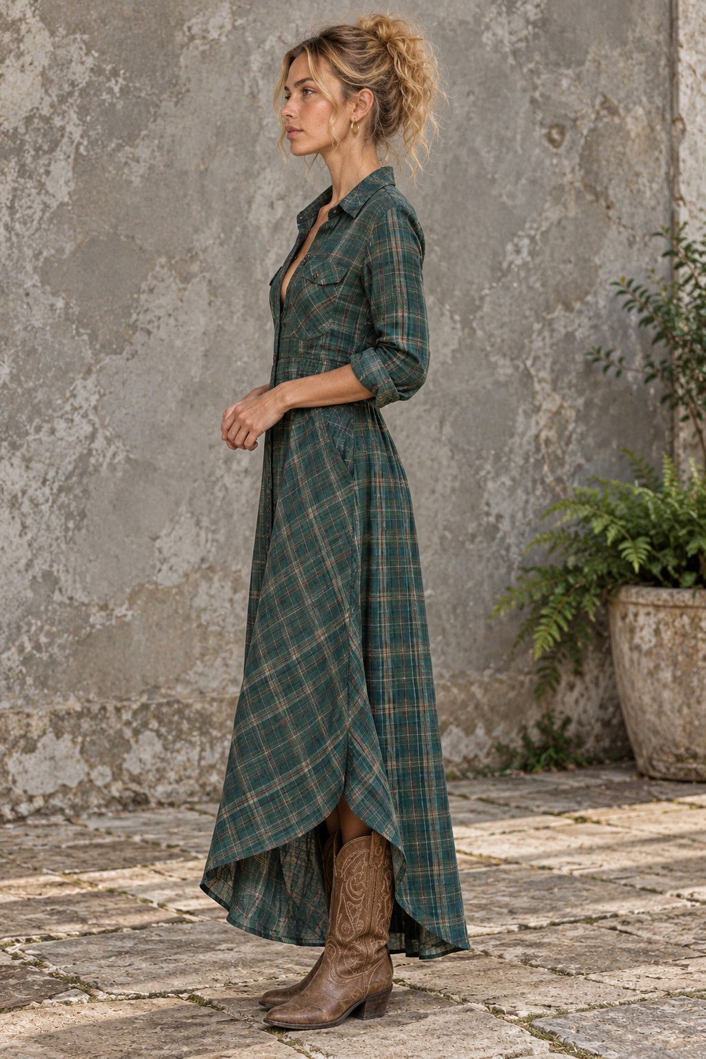 Green Plaid High Low Shirt Dress