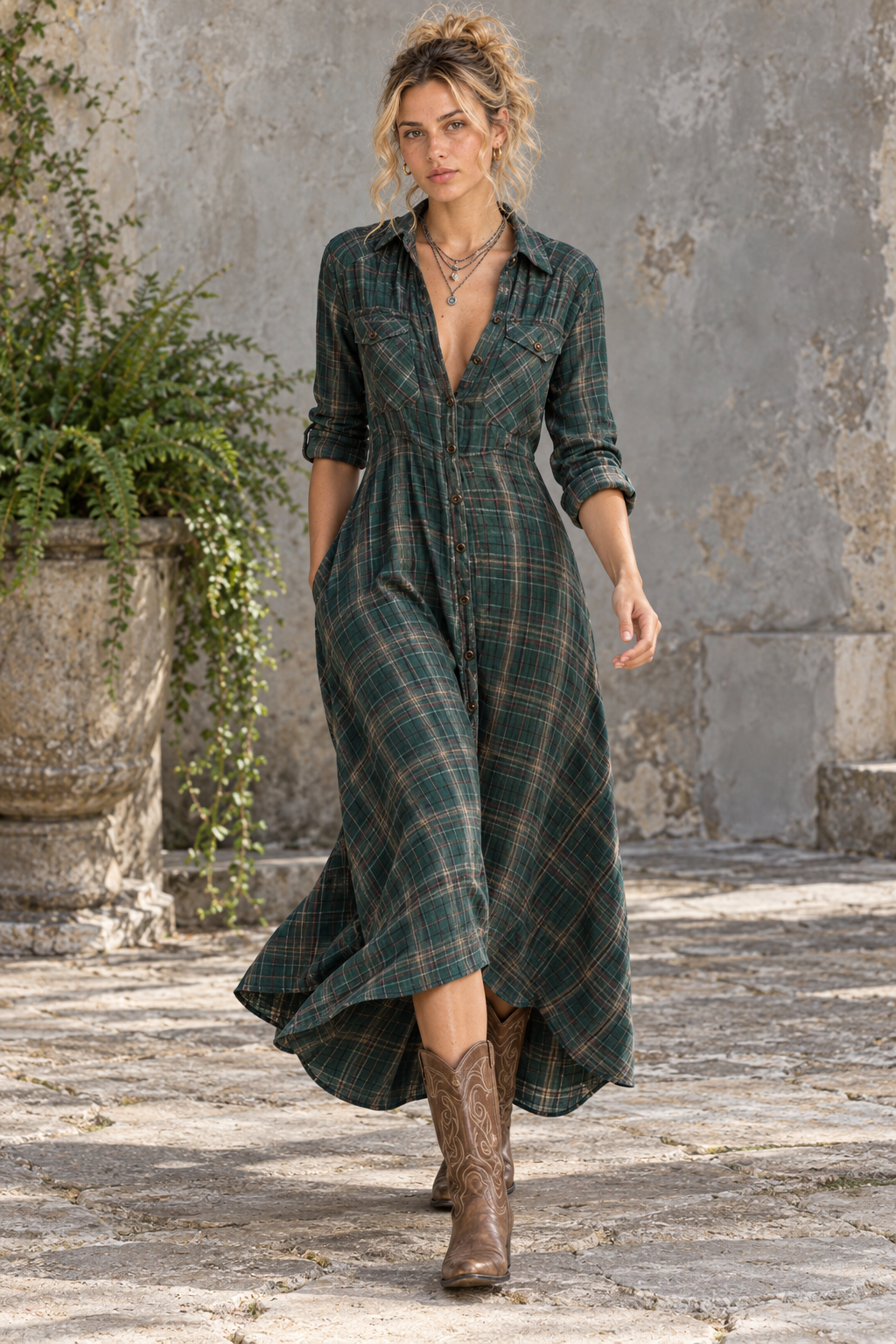 Green Plaid High Low Shirt Dress