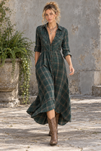 Green Plaid High Low Shirt Dress