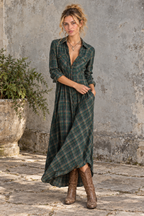 Green Plaid High Low Shirt Dress