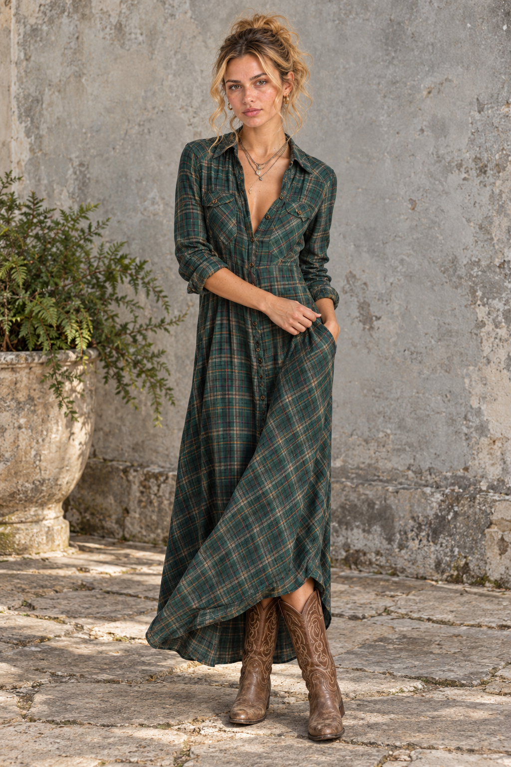 Green Plaid High Low Shirt Dress