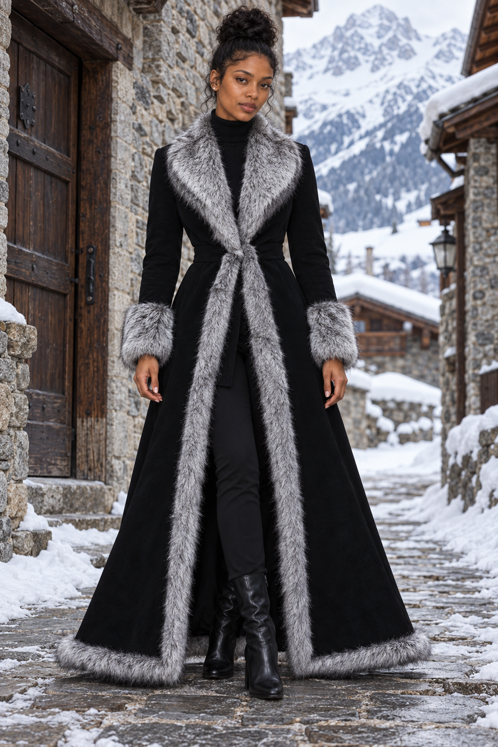 Black and Gray Fur Trim Belted Maxi Coat