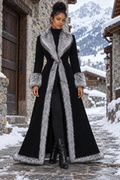 Black and Gray Fur Trim Belted Maxi Coat
