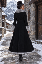 Black and Gray Fur Trim Belted Maxi Coat