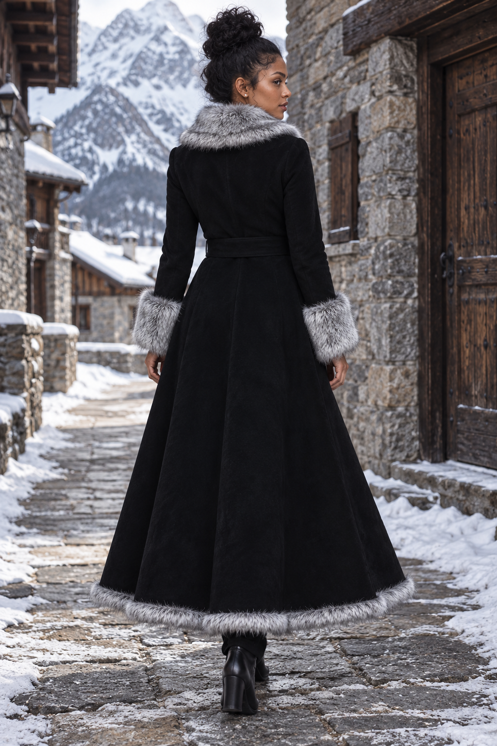Black and Gray Fur Trim Belted Maxi Coat