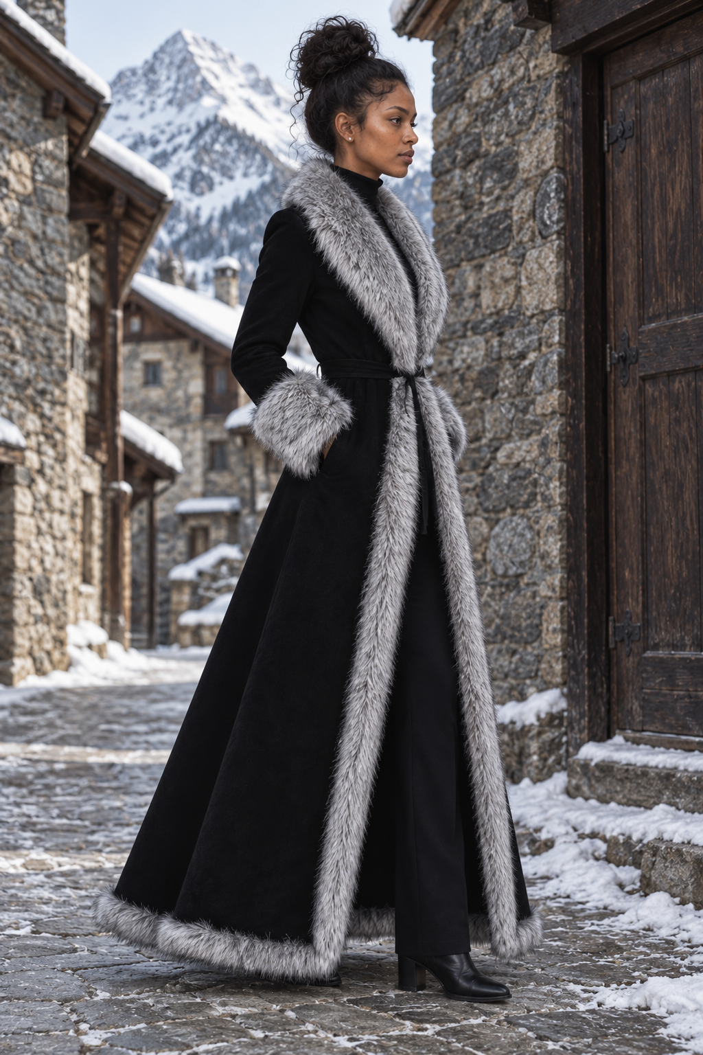 Black and Gray Fur Trim Belted Maxi Coat