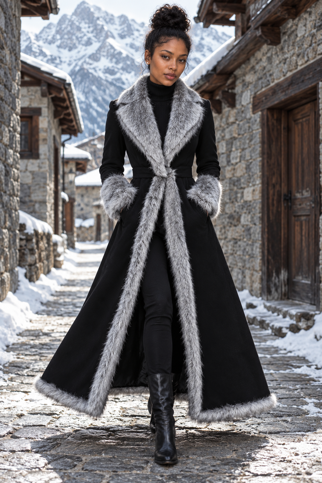 Black and Gray Fur Trim Belted Maxi Coat