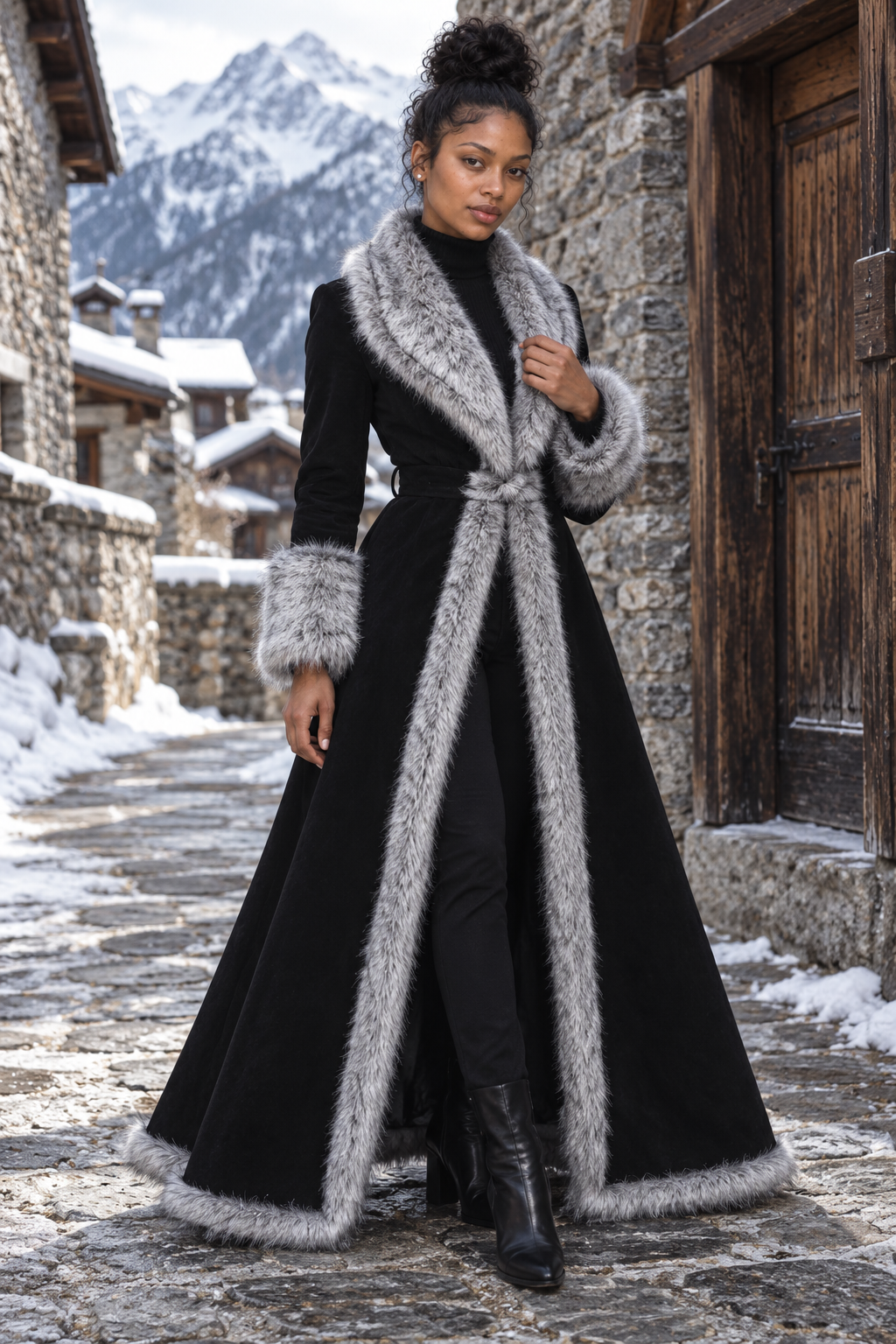 Black and Gray Fur Trim Belted Maxi Coat