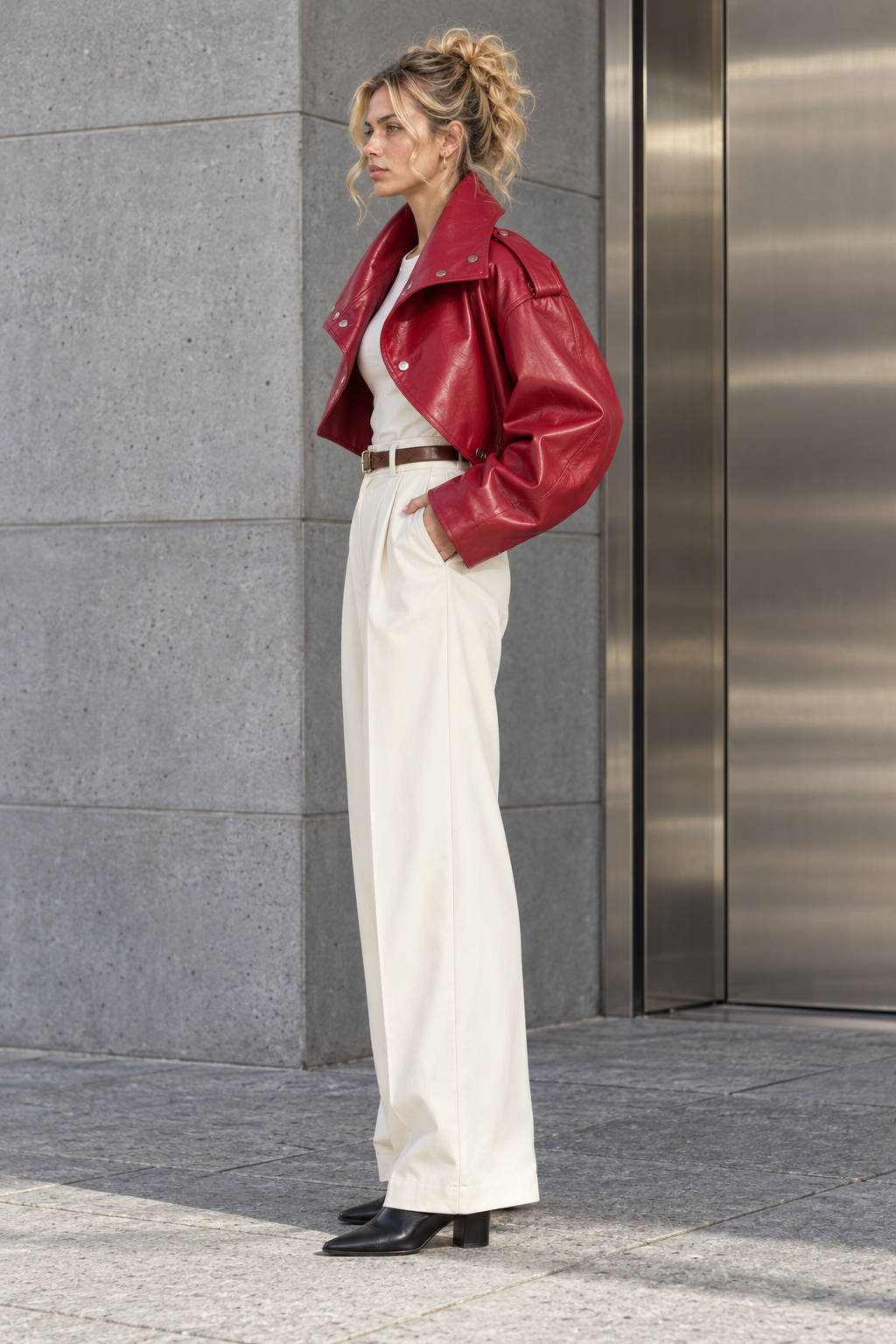 Cropped High Neck Leather Effect Jacket