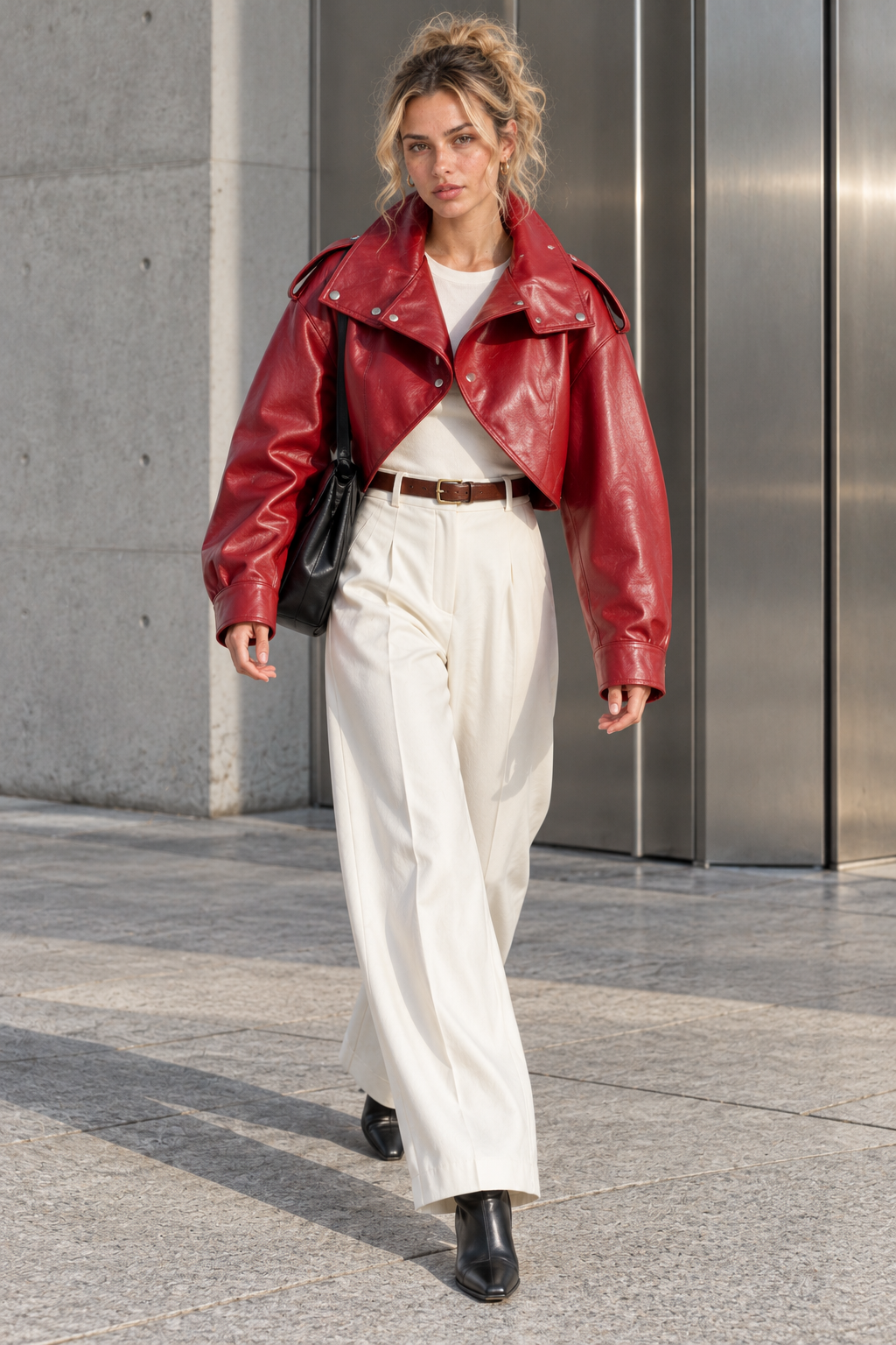 Cropped High Neck Leather Effect Jacket