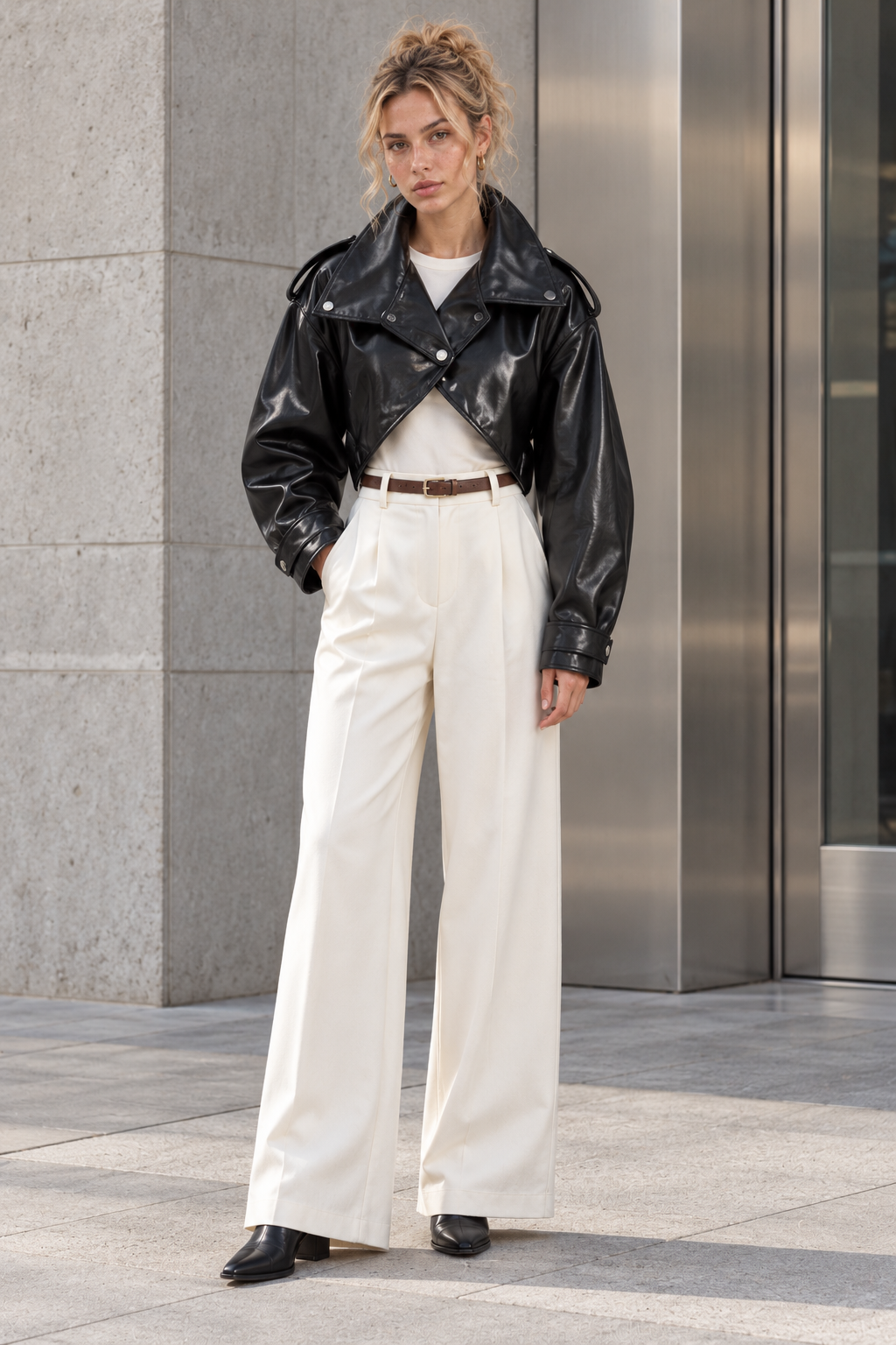 Cropped High Neck Leather Effect Jacket