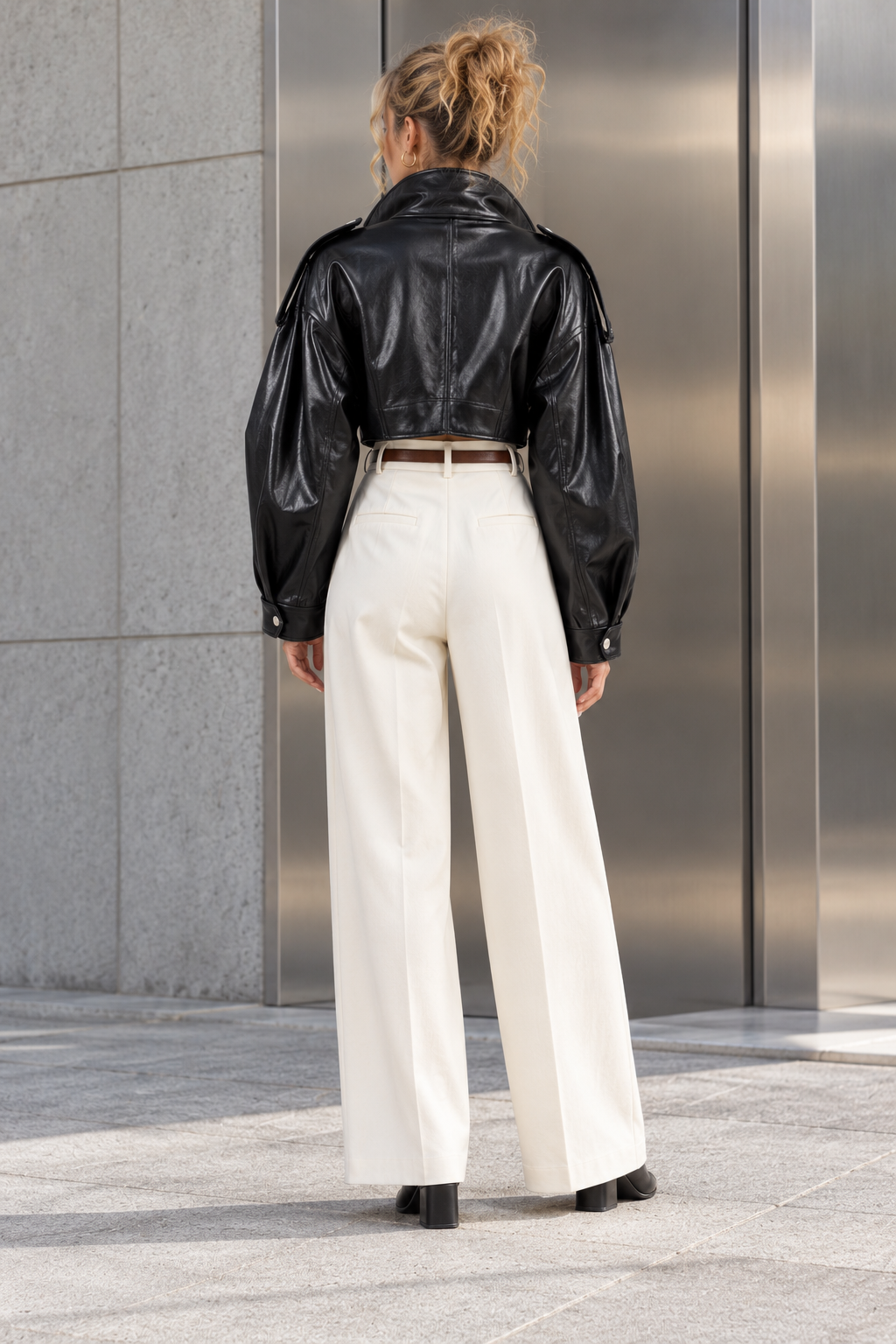 Cropped High Neck Leather Effect Jacket