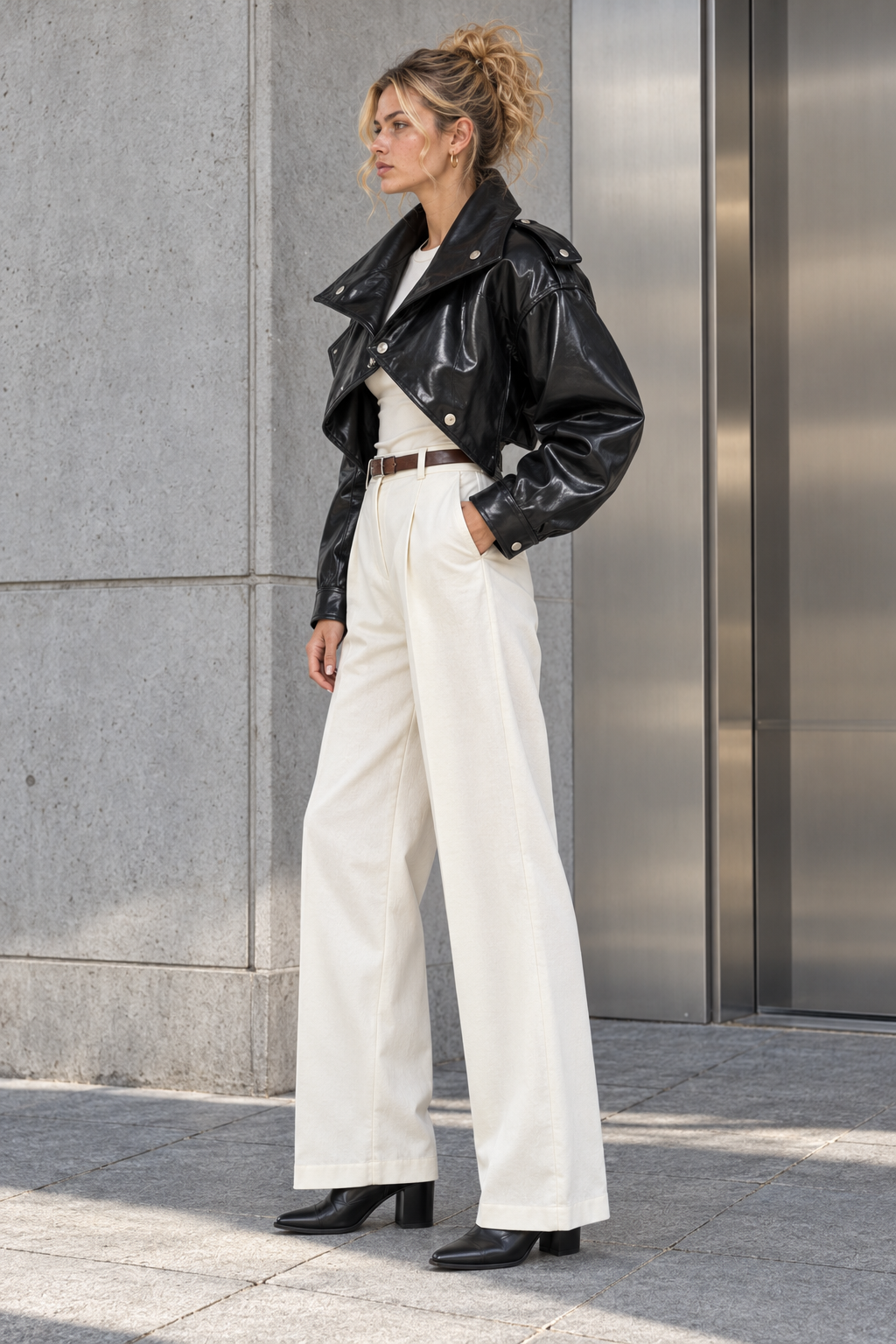 Cropped High Neck Leather Effect Jacket
