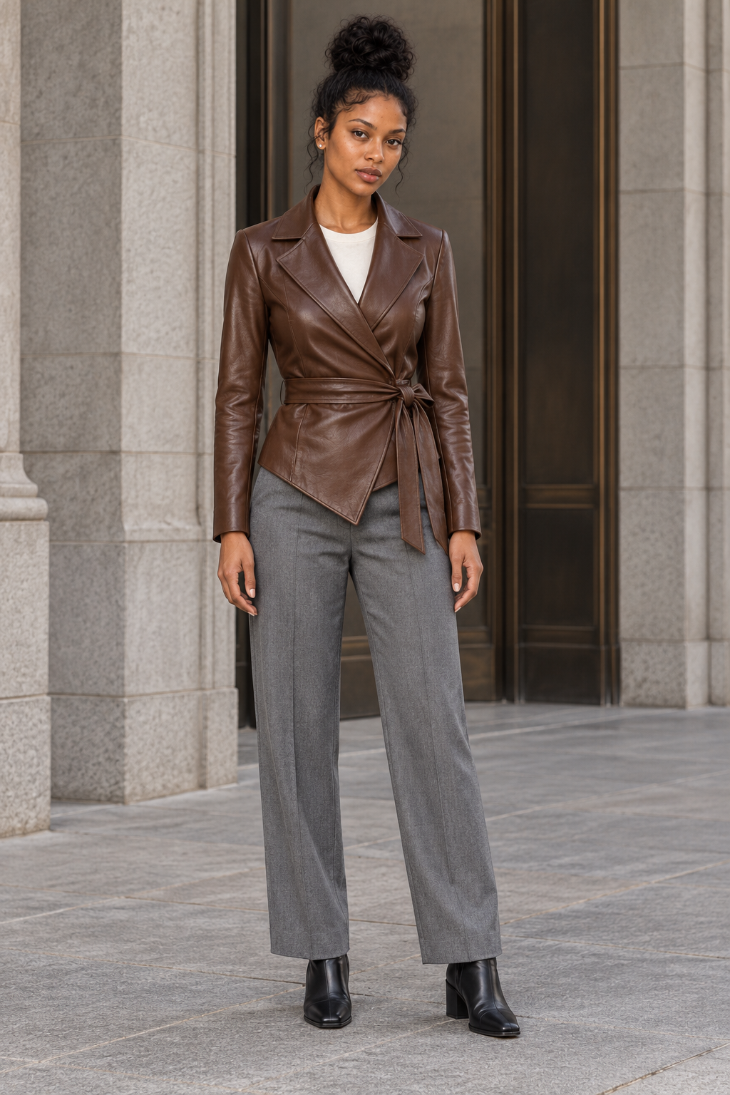 Glossy Leather Effect Belted Blazer