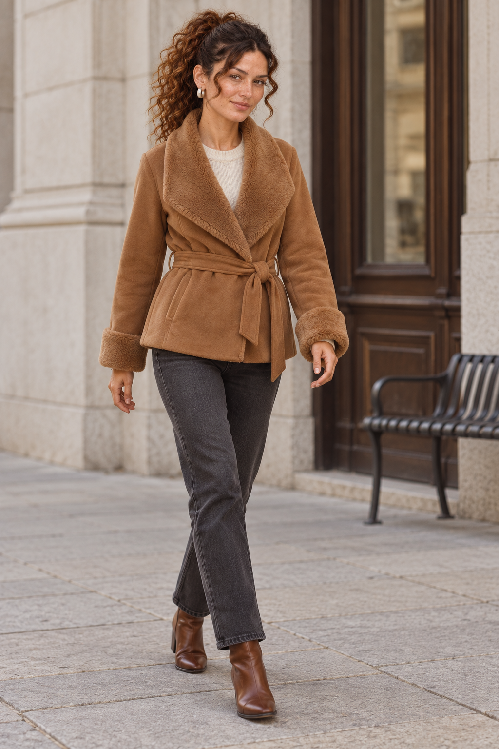 Belted Wrap Jacket with Fur Effect Cuffs