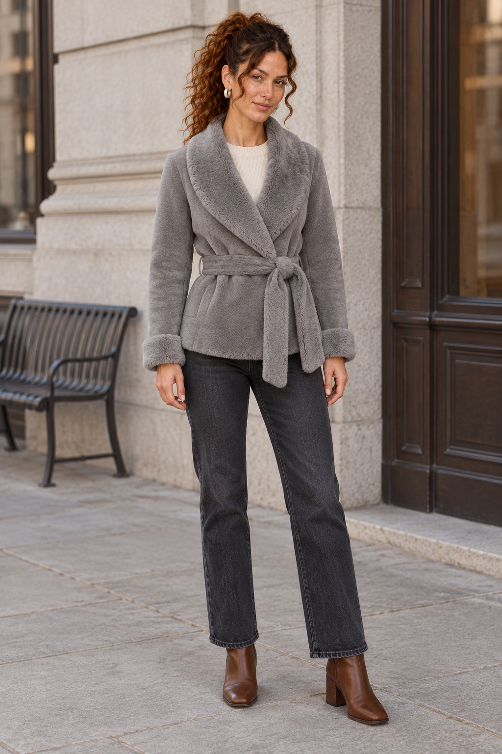 Belted Wrap Jacket with Fur Effect Cuffs