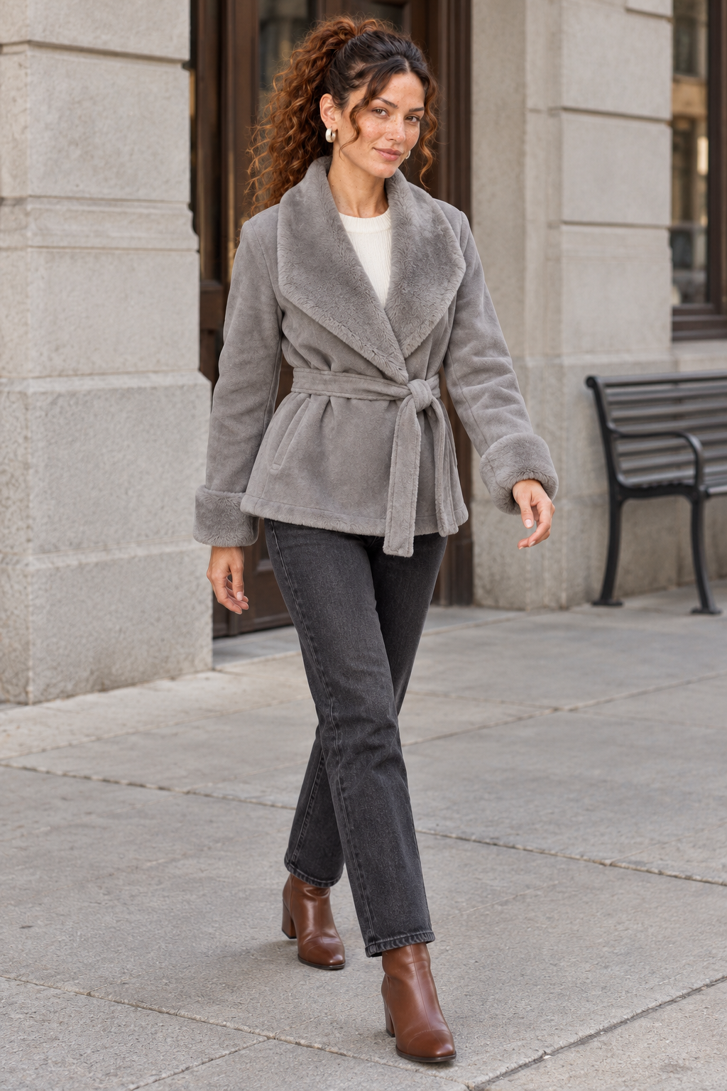 Belted Wrap Jacket with Fur Effect Cuffs