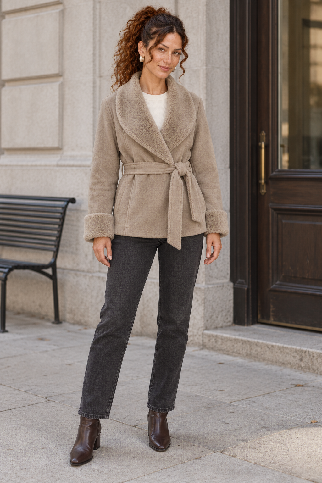 Belted Wrap Jacket with Fur Effect Cuffs