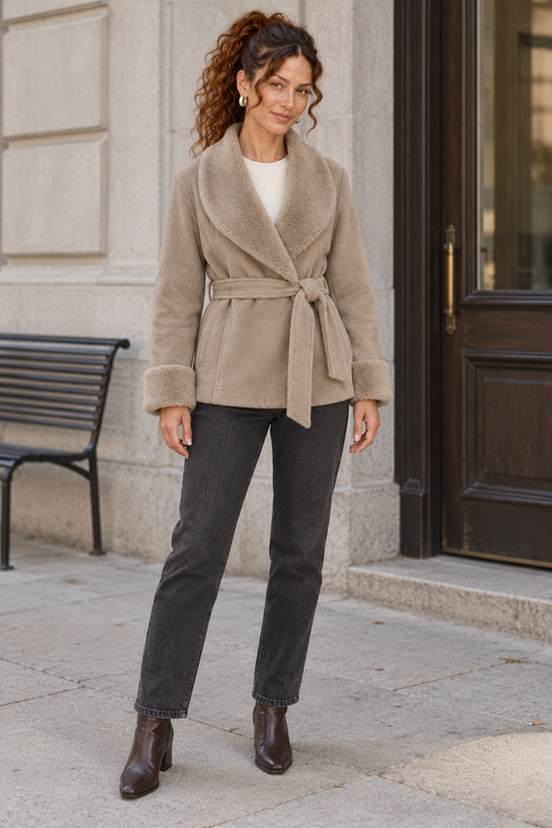 Belted Wrap Jacket with Fur Effect Cuffs