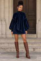 Navy Bow Neck Velvet Mini Dress