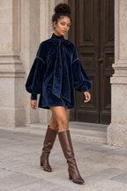 Navy Bow Neck Velvet Mini Dress
