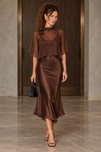 Brown Sheer Cape Midi Dress