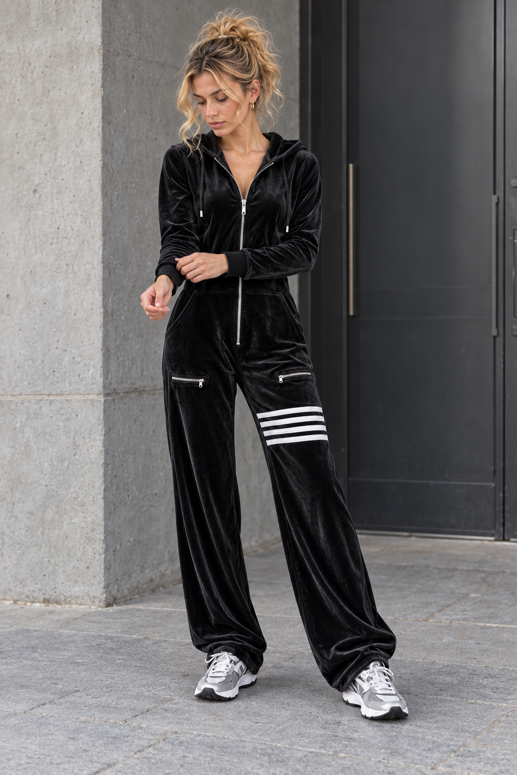 Black Hooded Velour Jumpsuit