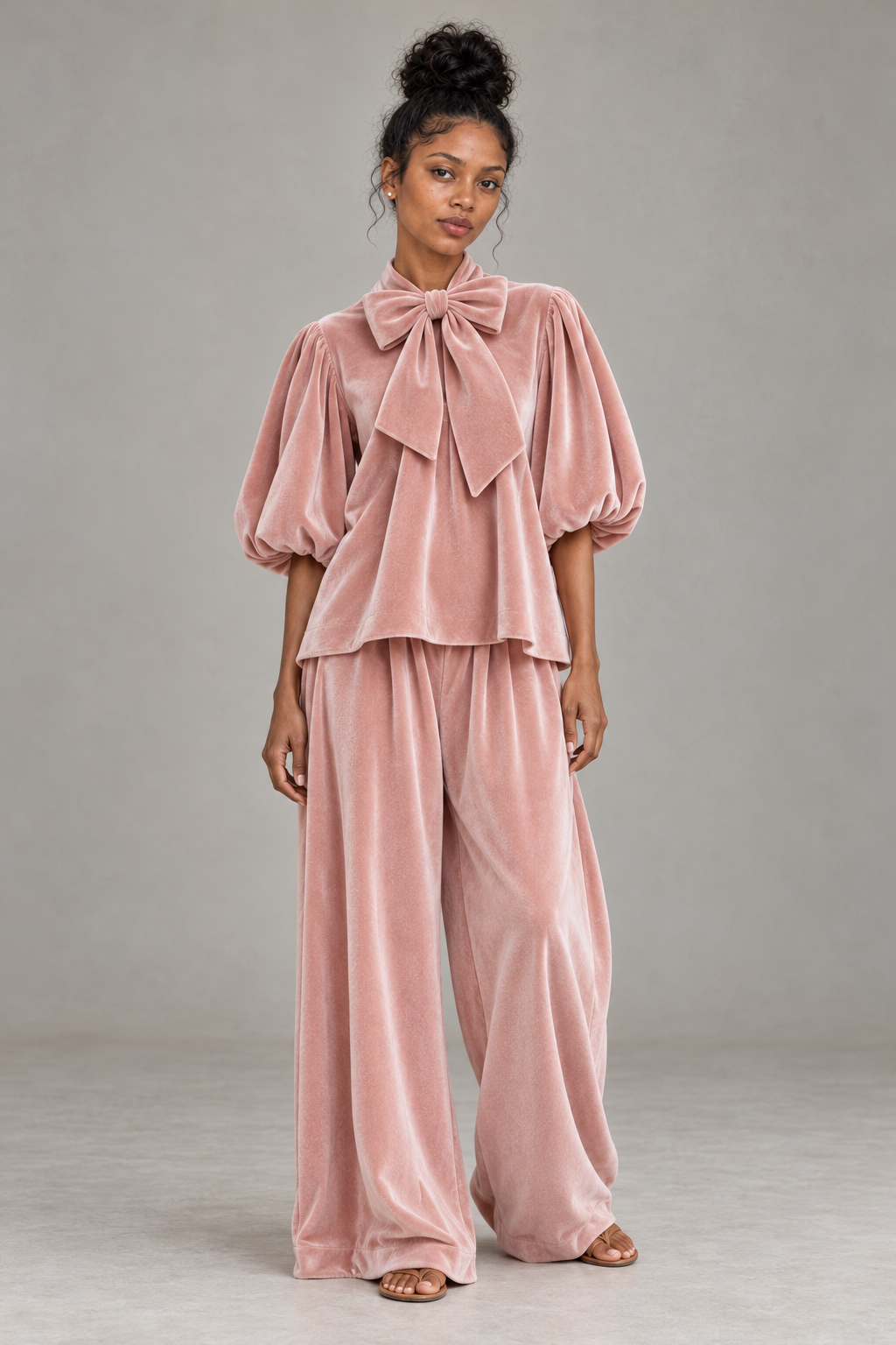 Pink Bow Neck Velvet Trouser Set
